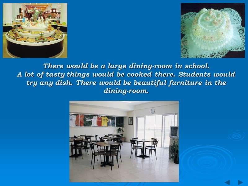 There would be a large dining-room in school. A lot of tasty things would